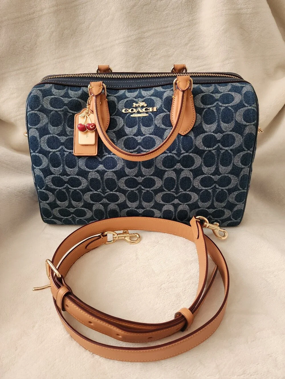Coach Large Rowan Denim Signature C Satchel with Tan Leather Trim